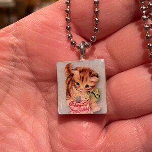 Happy Birthday Kitten Scrabble Tile Necklace